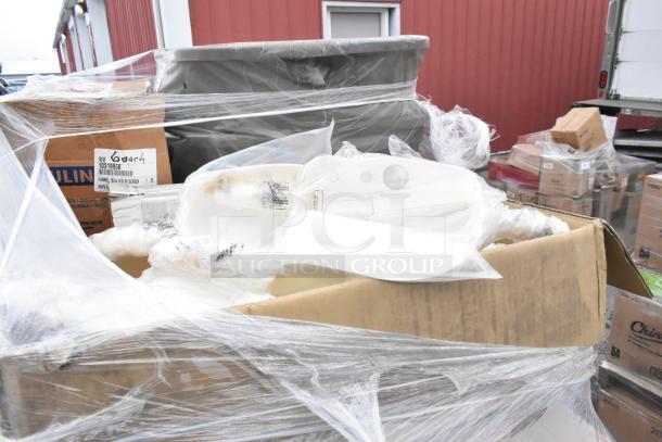 29 boxes of new WNA APB320DM Caterline Pack n Serve bowls & lids, Uline H-5217 192 oz funnel, Rubbermaid FG352600 containers.