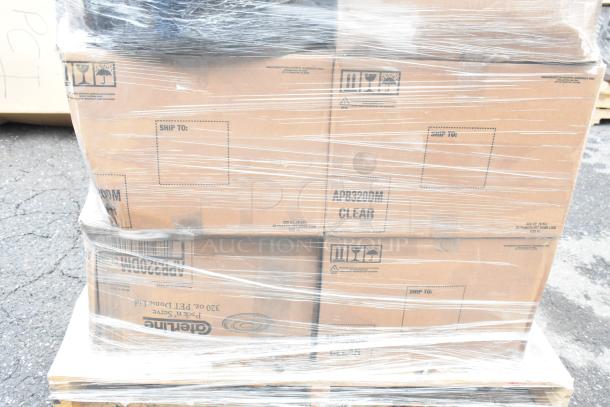 29 sealed boxes of WNA APB320DM Caterline Pack n Serve bowls & lids, Uline 192 oz funnel, Rubbermaid containers on pallet.