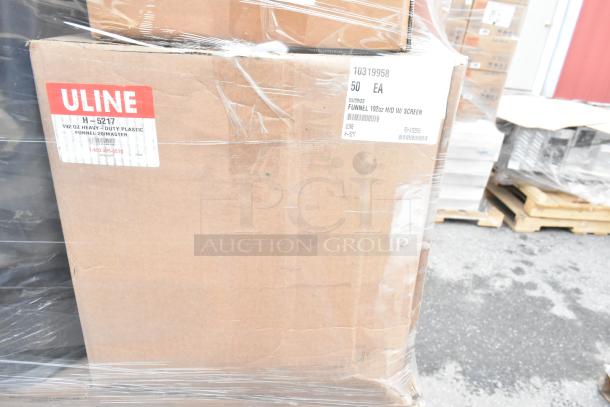 29 boxes of WNA APB320DM Caterline bowls, Uline H-5217 funnels, Rubbermaid FG352600 containers. New condition.