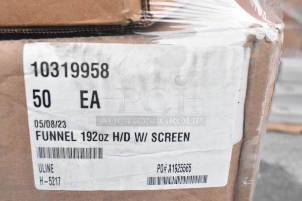 Label on a box showing specifications: 50 units of Uline H-5217 Funnel, 192 oz, with screen, dated 05/08/23.