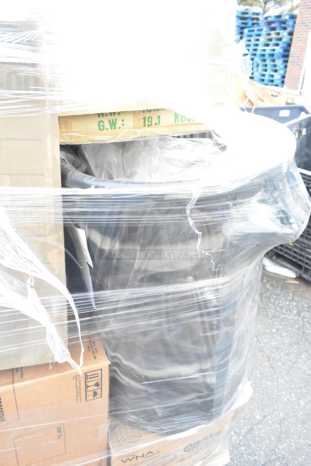 29 new boxes of WNA APB320DM bowls, Uline H-5217 funnels, Rubbermaid FG352600 containers, wrapped in plastic.