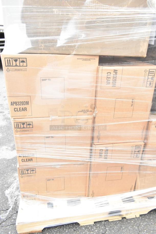 29 boxes of WNA APB320DM Caterline Pack n Serve plastic bowls and lids, sealed on pallet, new condition.