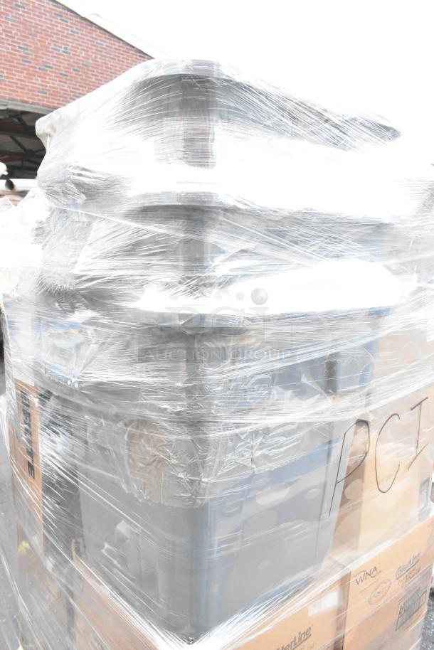 Pallet of 29 brand new scratch and dent boxes of WNA Caterline plastic bowls, Uline funnels, and Rubbermaid Brute containers, wrapped.