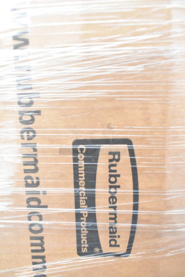 Rubbermaid FG352600 Gray Square Brute Container box wrapped in plastic, showing branding logo and text.