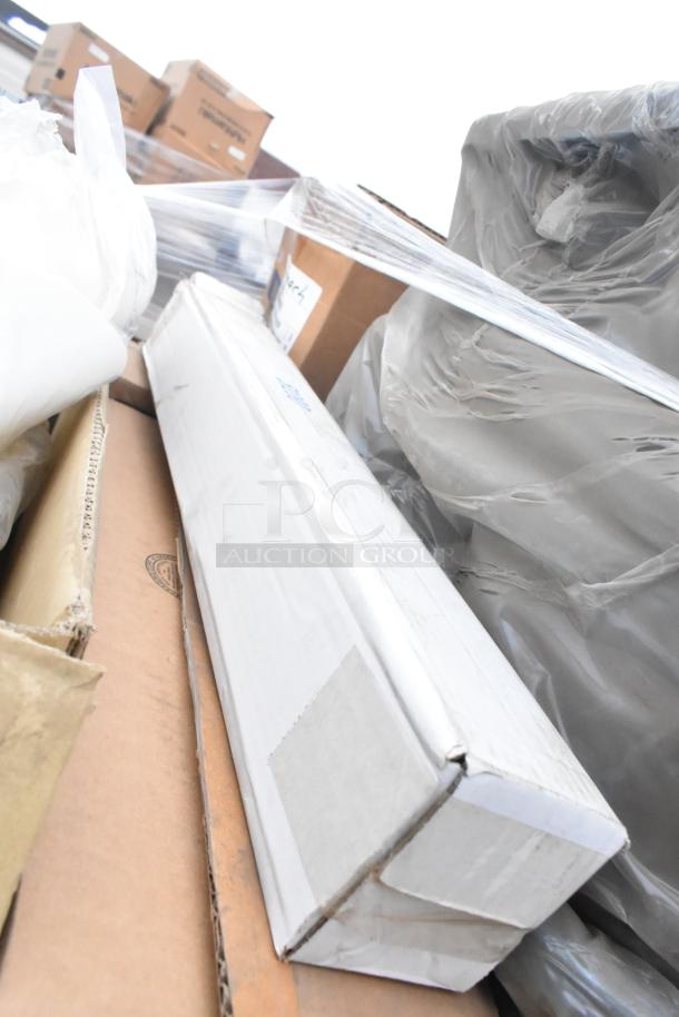 Boxes of WNA APB320DM Caterline bowls and lids, Uline H-5217 funnel, Rubbermaid FG352600 containers. New, scratch and dent.