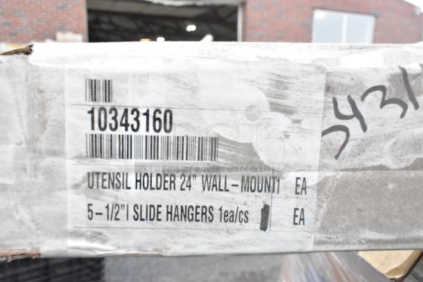Label on box indicating "Utensil Holder 24" Wall-Mount" with slide hangers details; barcode number 10343160 visible.