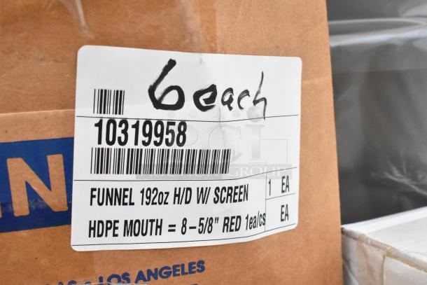 29 boxes of WNA APB320DM bowls, Uline H-5217 192 oz funnels, Rubbermaid FG352600 containers. Scratch and dent. Label reads: "6 each, 192oz, H/D w/ screen."