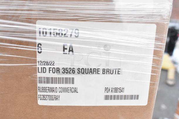 Label on sealed box showing "Lid for 3526 Square Brute," Rubbermaid FG352700 Gray, PO# A1881541, dated 12/28/22.