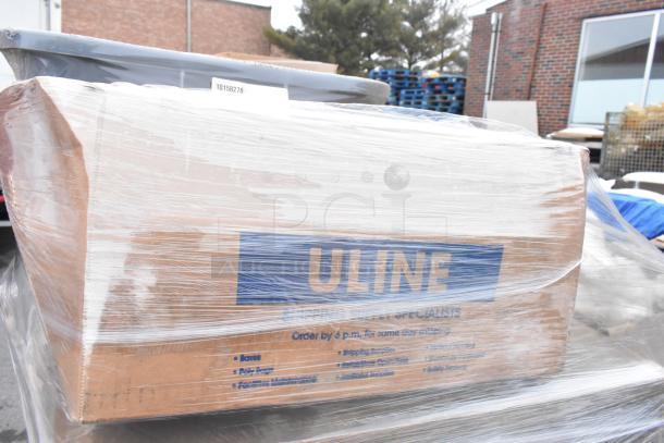 Plastic-wrapped Uline box labeled for shipping supplies, containing WNA bowls, lids, Uline funnel, and Rubbermaid containers.