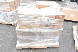 Pallet with 19 new scratch and dent items, including Sabert 55320 clamshells and Allied inset cover, wrapped in plastic.