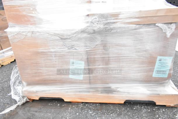 Pallet of 19 new items, including Sabert 55320 clamshells and Allied STC-6-1/2-N covers, wrapped in plastic. Tags visible.