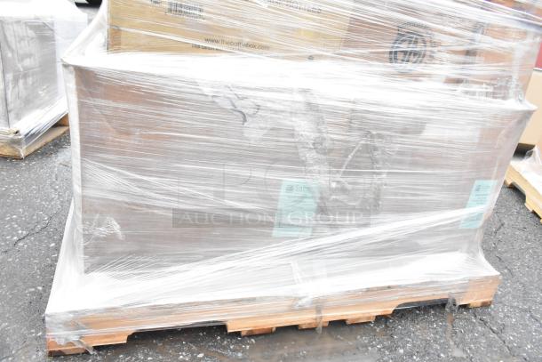 A pallet wrapped in plastic containing 19 brand new scratch and dent items, including Sabert 55320 clamshells and Allied STC-6-1/2-N inset covers.