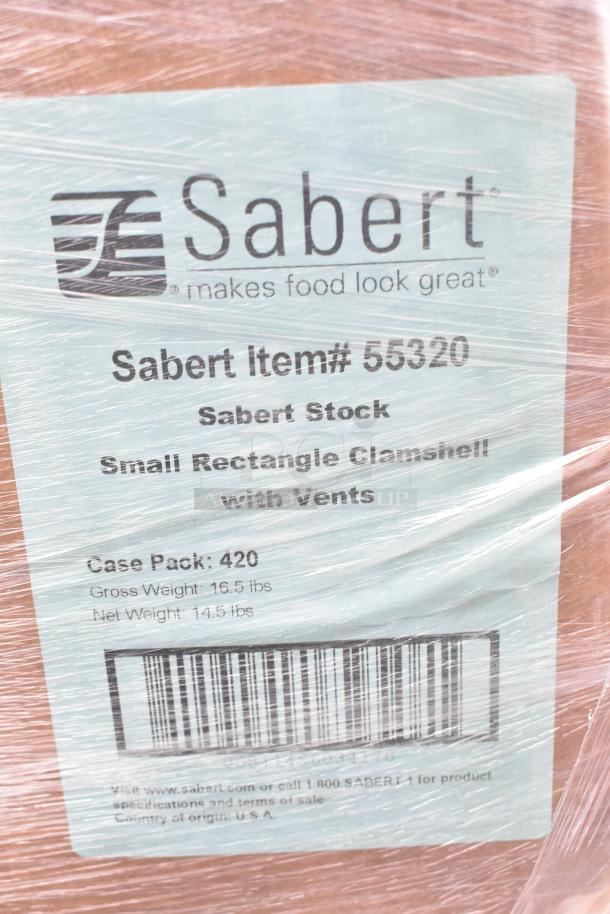 Sabert 55320 Small Rectangle Clamshell label, wrapped with plastic. Case pack: 420, Gross weight: 16.5 lbs, Net: 14.5 lbs.