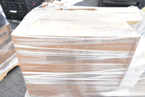 Brown cardboard box wrapped in plastic, containing 19 new scratch and dent items, including Sabert clamshells and Allied inset covers.