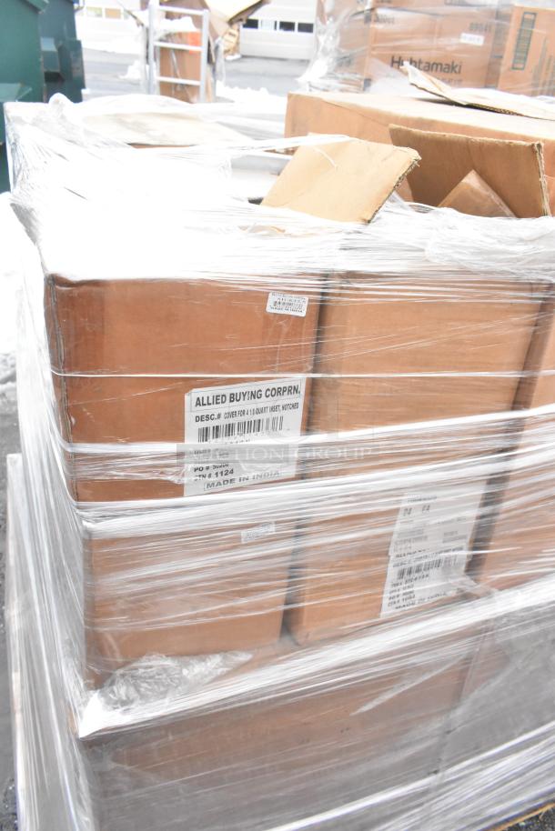 Pallet of 19 new items in boxes, featuring Sabert clamshells and Allied inset covers, wrapped in plastic.