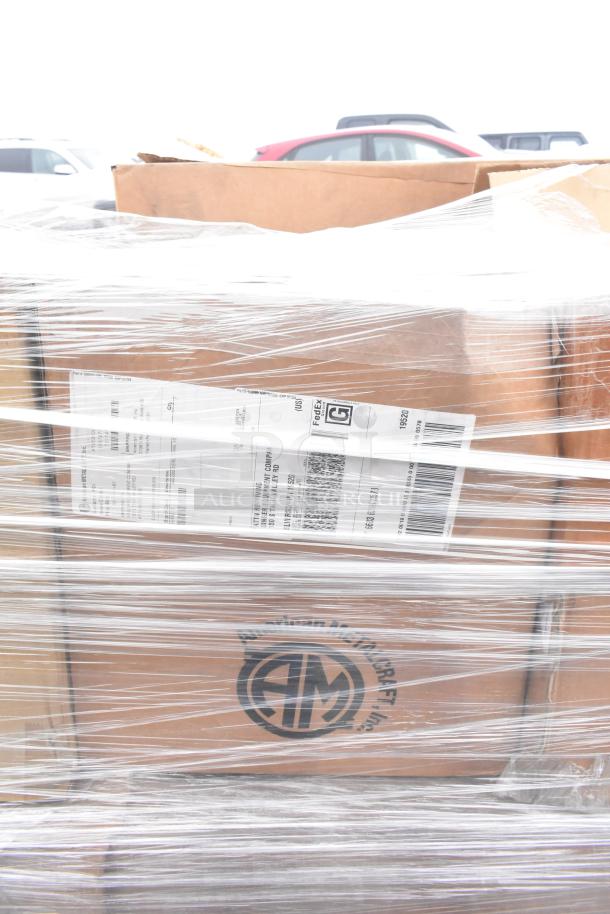 Pallet of 19 boxed items, wrapped in plastic, featuring labels for Sabert and Allied. Scratch and dent condition.