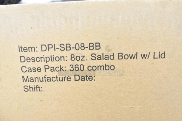 Cardboard box label showing item: DPI-SB-08-BB, 8oz salad bowl with lid, case pack of 360 combo.
