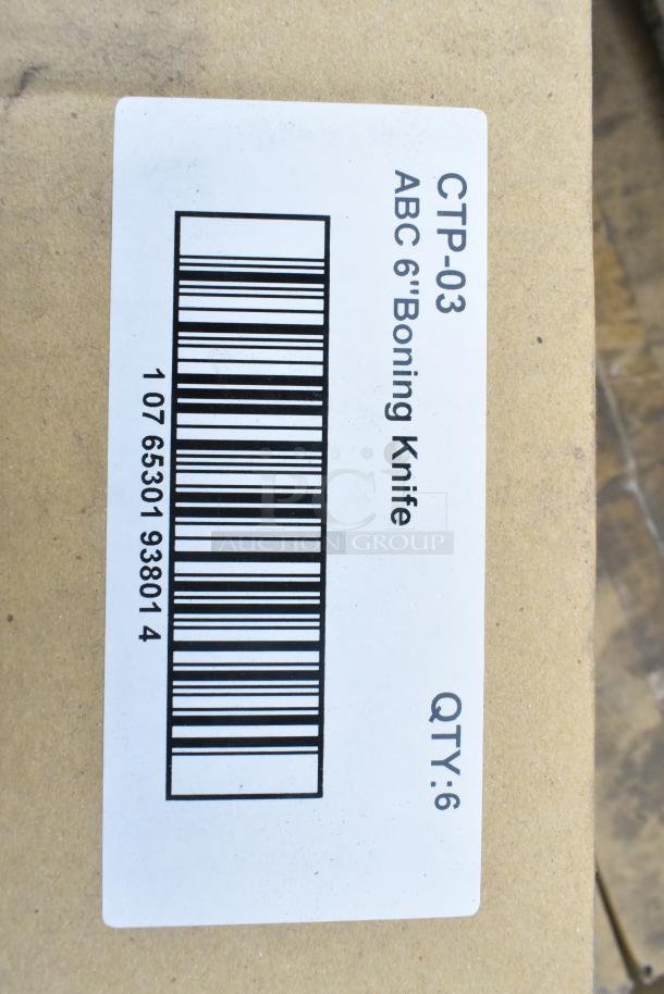 Cardboard box with a label reading "CTP-03 ABC 6" Boning Knife" and barcode. Quantity indicated: 6.