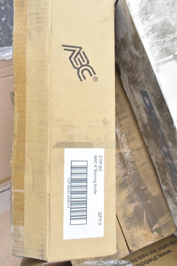 Cardboard box labeled "CTP-03, ABC 6” Boning Knife, QTY: 6" with visible ABC logo, showing storage wear.