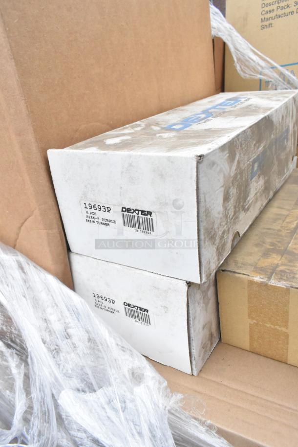 Boxes of Dexter 826-6 Purple 6-in Turners, labeled with product code 19693P, showing slight wear.