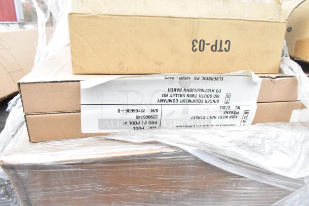 Boxes of 19 new items, including Sabert 55320 clamshell, Allied STC-6-1/2-N cover, and metal pans. Labels indicate manufacturer details.