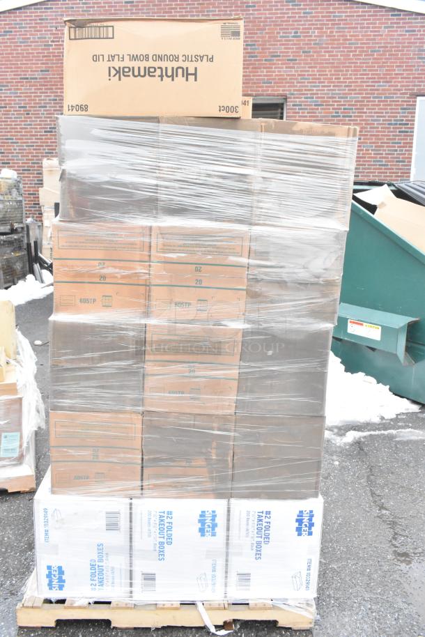 Pallet with 27 boxes of new Singer 10329149 #2 Folded Takeout Boxes, Dart 605TP lids, and Huhtamaki plastic bowl lids.