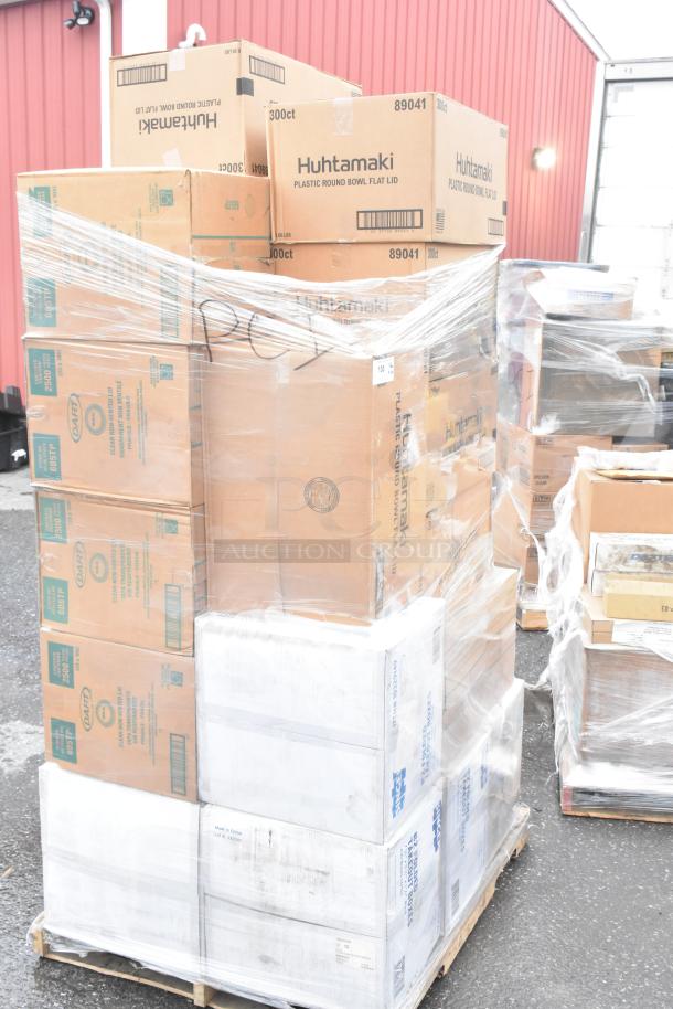 27 boxes of Singer 10329149 #2 takeout boxes, Dart 605TP lids, Huhtamaki 89041 lids, shrink-wrapped on a pallet.