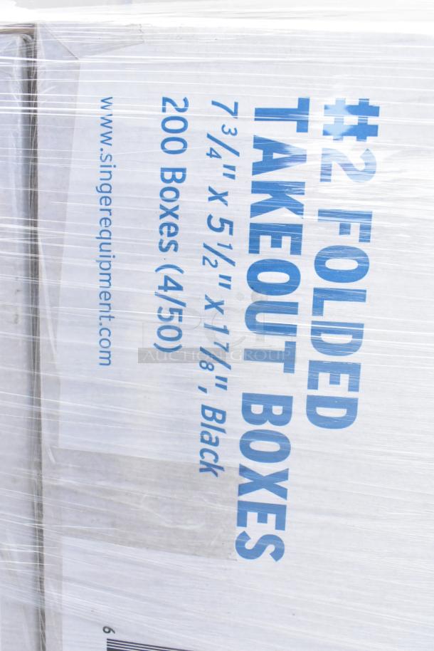 27 new boxes of Singer #2 folded takeout boxes, 7-3/4"x5-1/2"x1-7/8", visible labeling; part of a bulk auction lot.