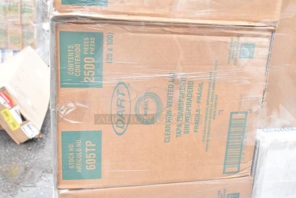 Box of 2500 Dart 605TP non-vented plastic cold cup lids. Brand new. Label indicates fragile. For 5 oz cups.