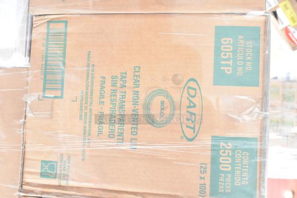 Box of Dart 605TP clear, non-vented plastic cold cup lids, 2500 pieces, brand new condition, wrapped packaging.