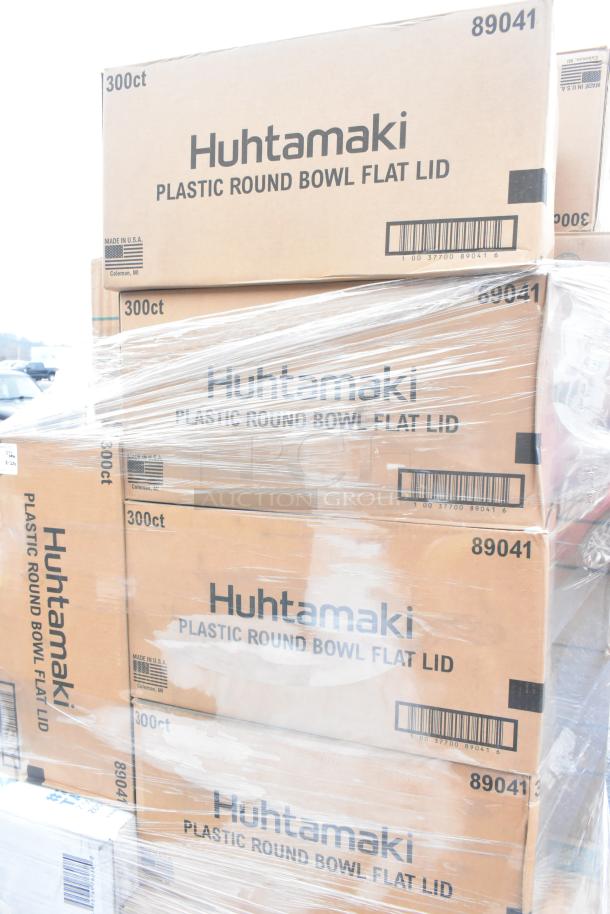 Boxes of Huhtamaki 89041 Plastic Round Bowl Flat Lids, 300-count, wrapped for auction. Brand new, labeled "Made in USA."