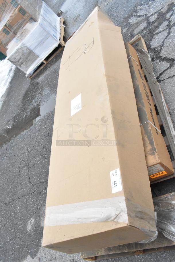 Two boxes of EXA184284V5480 42" NSF 5-Tier Polymer Shelf Kit, sealed with visible shipping labels and slight box damage.