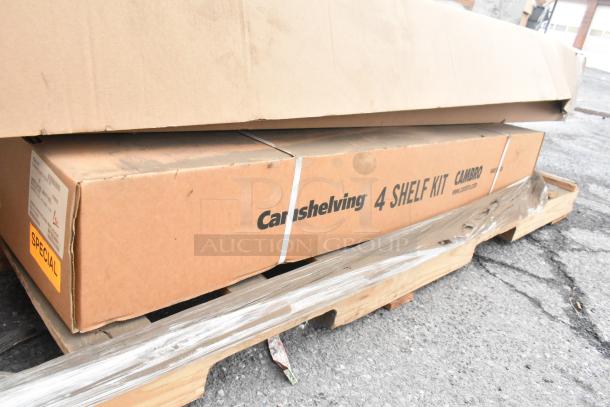 Brand new EXA184284V5480 42" NSF 5-tier Polymer Shelf Kit boxes on pallet. Labeled Camshelving® Elements, 18"W, 84"H.