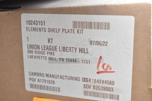 2 sealed boxes of EXA184284V5480 42" NSF 5-Tier Polymer Shelf Kit, Camshelving® Elements XTRA, tag details visible.