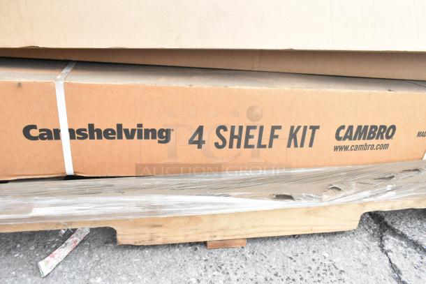 Boxes of Camshelving® Elements 42" 5-Tier Polymer Shelf Kit, brand new condition, NSF certified, on a pallet.