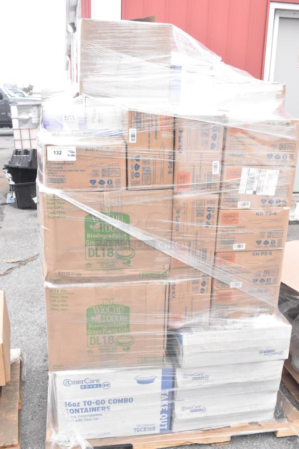 Pallet of 68 brand new scratch and dent items, including Americare containers, WinCup biodegradable lids, compostable knives.