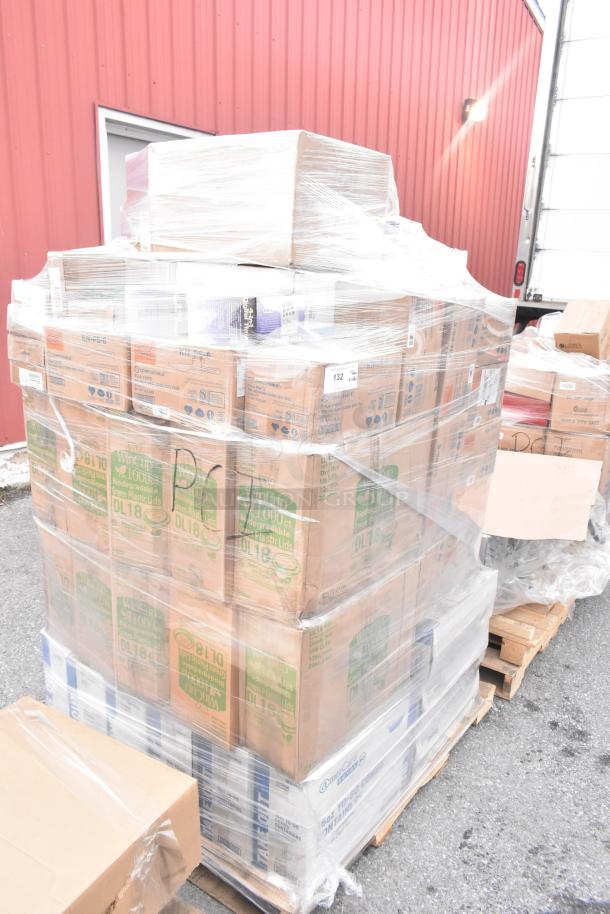 Pallet of 68 sealed boxes, items include Americare 16oz containers, WinCup DL18 lids, World Centric knives.