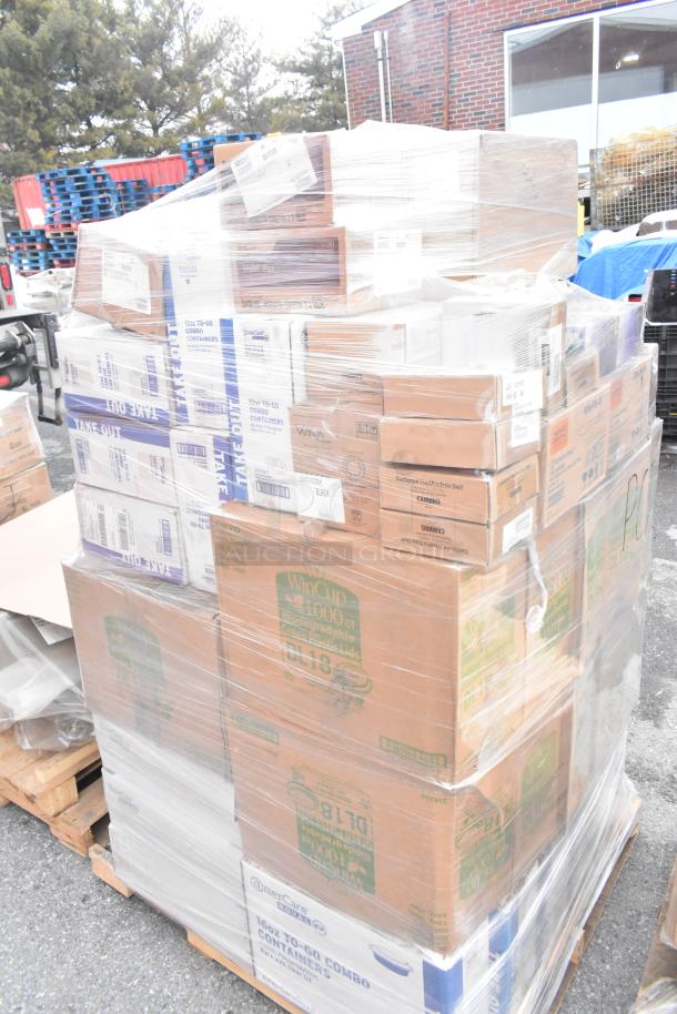 Pallet of 68 new scratch and dent items, including Americare 16oz containers, WinCup lids, World Centric knives, and more.