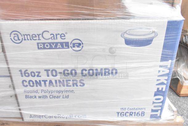 Palette of Americare 16oz To Go Combo Containers, 150 count, polypropylene, black with clear lids, brand new condition.