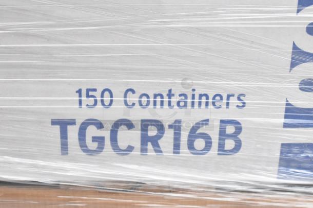 150 containers labeled TGCR16B wrapped in plastic, part of a scratch and dent auction lot featuring Americare 16oz containers.