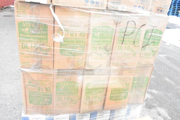 Boxes of WinCup DL18 Biodegradable Green Plastic Lids, new condition, pallet wrapped for auction.