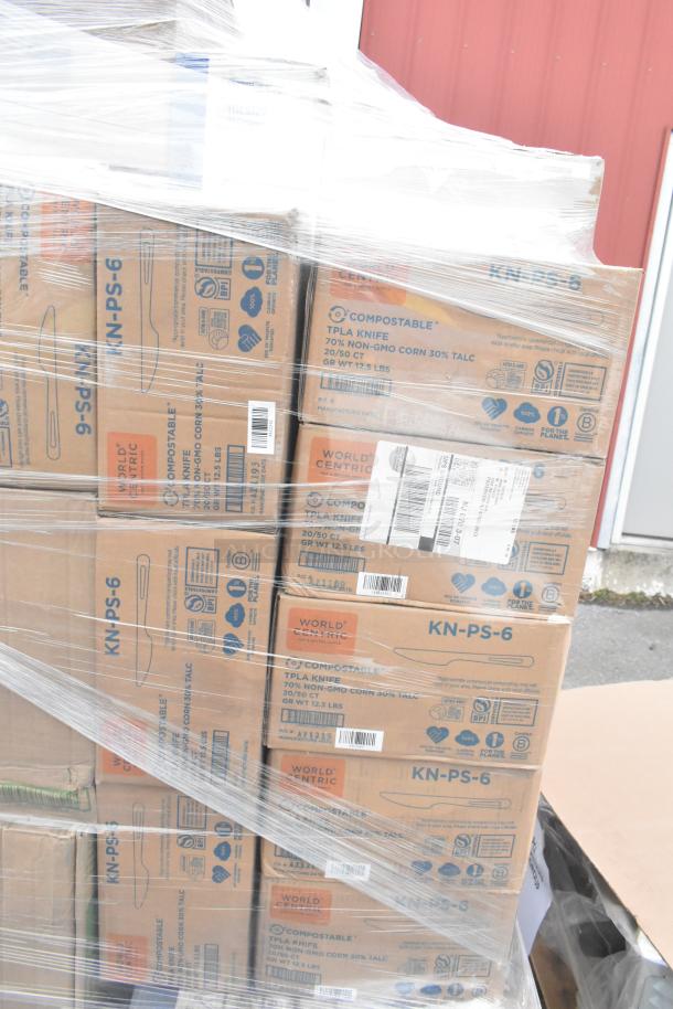 68 new boxes with Americare containers, WinCup lids, World Centric knives; scratch and dent condition, wrapped on pallet.