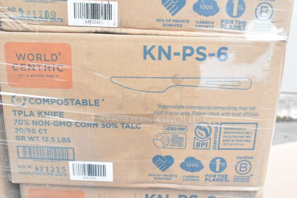 Box of World Centric KN-PS-6 compostable knives, 70% non-GMO corn, 30% talc. Includes certifications and composting info.