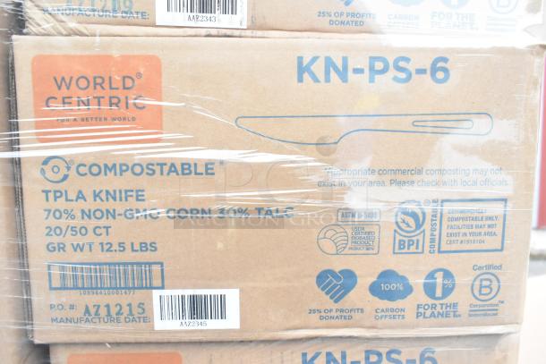 World Centric KN-PS-6 compostable knives box, 70% non-GMO corn, 30% talc. Includes labels indicating compostability and eco-friendliness.