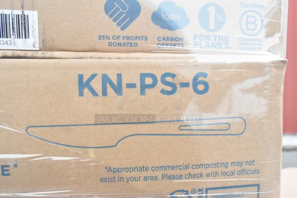 Cardboard box labeled KN-PS-6 with eco-friendly claims. Contains World Centric compostable knives. New condition, part of a 68-item set.