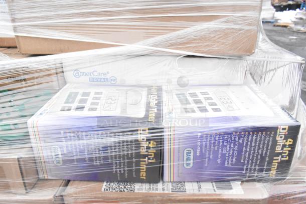 Sealed pallet with Americare 16oz containers, WinCup biodegradable lids, World Centric knives, and Franklin digital timers.