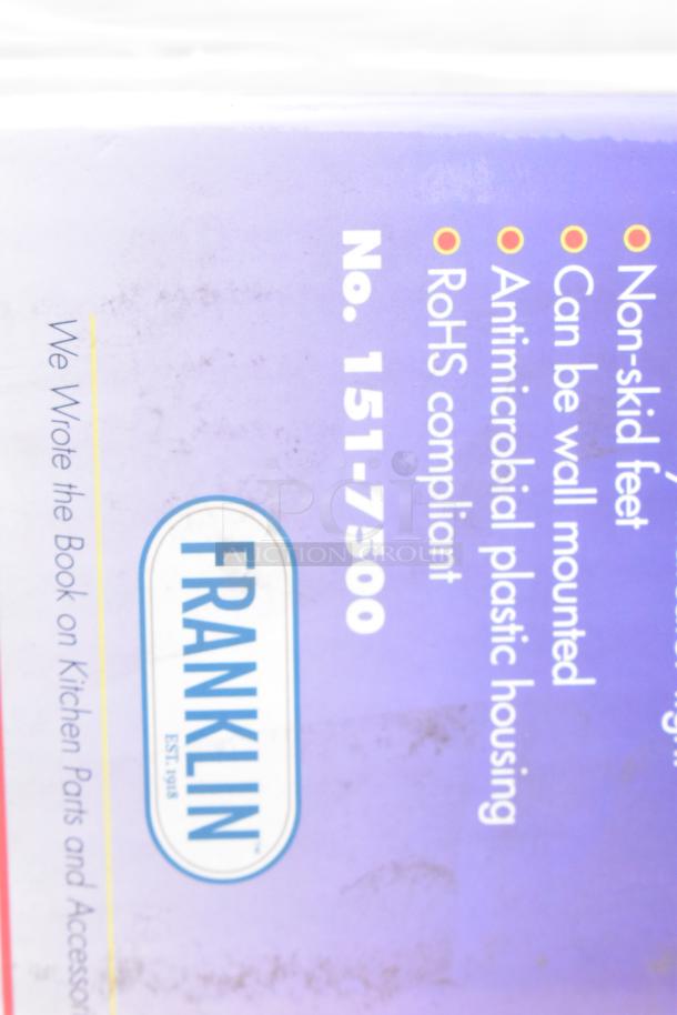 Label for Franklin No. 151-7500 featuring antimicrobial plastic housing, non-skid feet, RoHS compliance, and wall mounting.