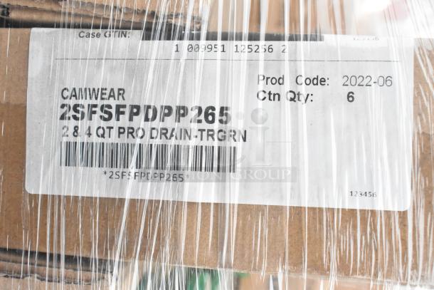 Cardboard box with "CAMWEAR 2SFSFPDPP265" label, contains 2.8 & 4 qt pro drain shelves, Ctn Qty: 6, Prod Code: 2022-06.