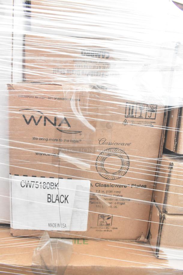 68 brand new scratch and dent items wrapped on a pallet, including WNA Classicware plates, marked "Made in USA".