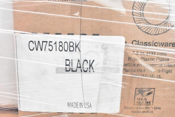 Cardboard box labeled "CW75180BK BLACK," containing 7.5 in. rigid plastic plates. Made in USA. Scratch and dent condition.